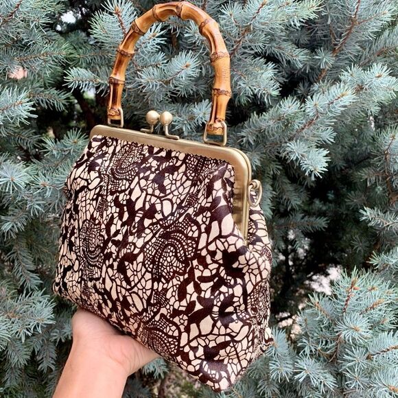 Handmade Real hair-on-horsehide Black Lace Printed Metal Frame Bamboo Handle Bag - Picture 7 of 16